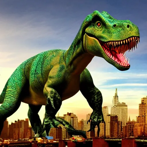 Image similar to awfully bad Photoshop poster of a dinosaur at New York