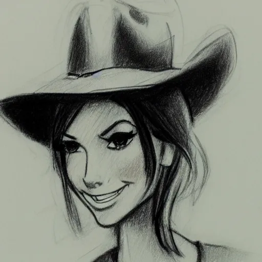 Prompt: milt kahl pencil sketch of victoria justice with a cowboy hat