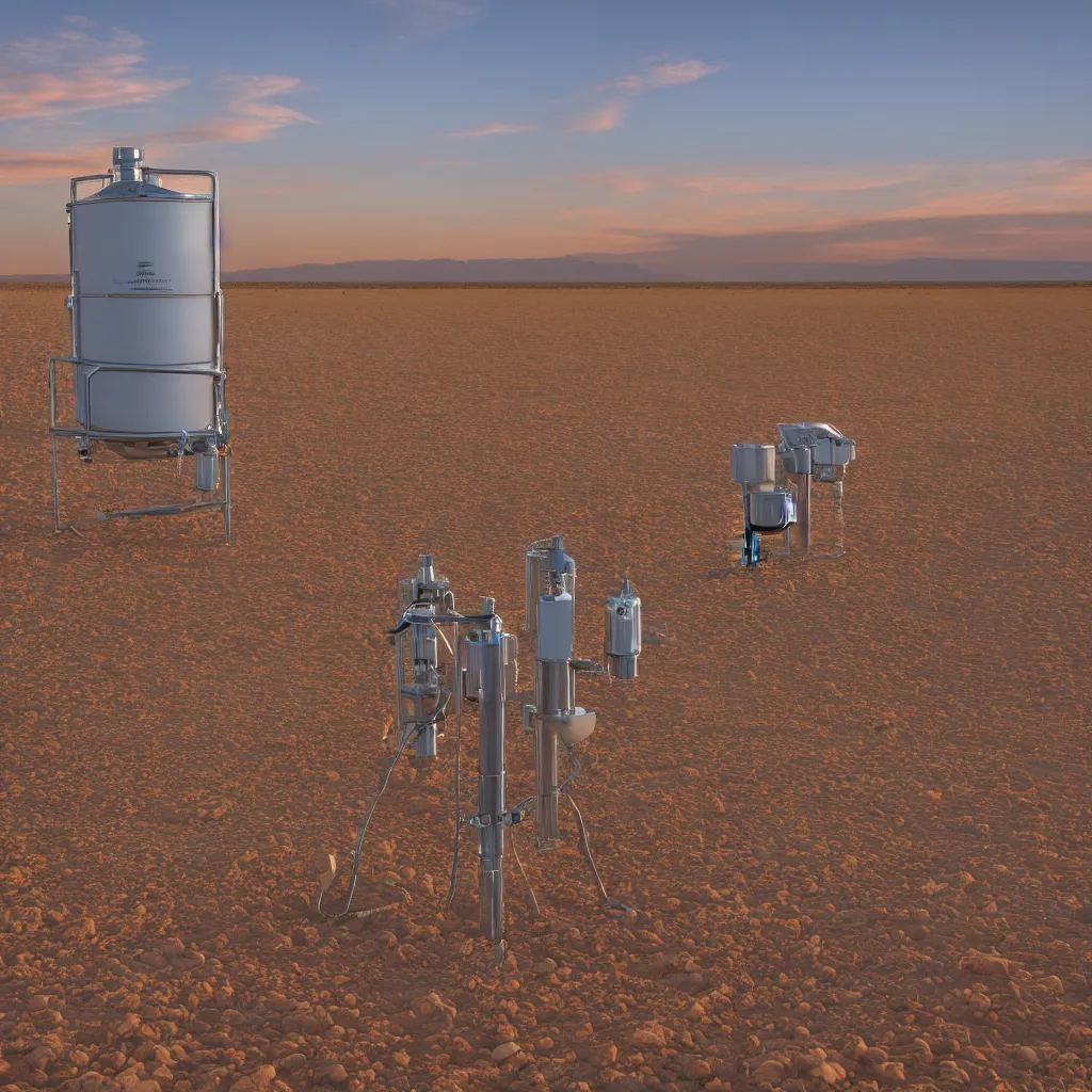 Prompt: atmospheric water extractor, array technology, in the red australian desert, dawn's natural light, high quality photograph, shallow depth of field, simple composition, symmetrical, golden ratio