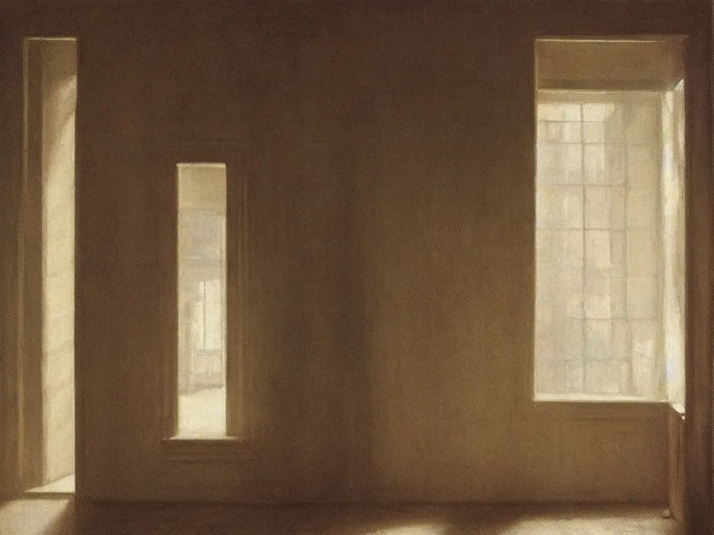 Prompt: Interior of a house under renovation with carved marble column in the middle. Afternoon light. Painting by Vilhelm Hammershoi