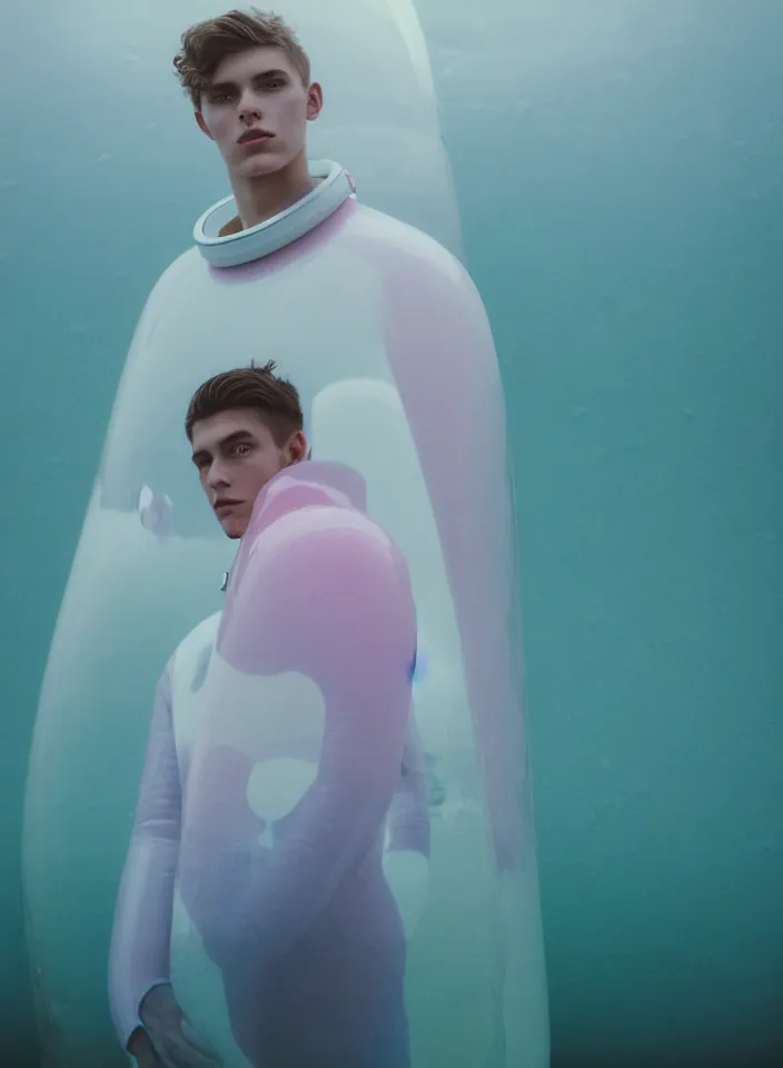 Prompt: high quality pastel coloured film portrait photograph of a beautiful young 2 0 year old male, soft features, short hair, wearing perspex space suit and oversized inflated clothing!! icelandic black rock pool environment. atmospheric three point light. photographic. art directed. ( pastel colours ). volumetric. clearcoat. waves. 8 k. filmic.