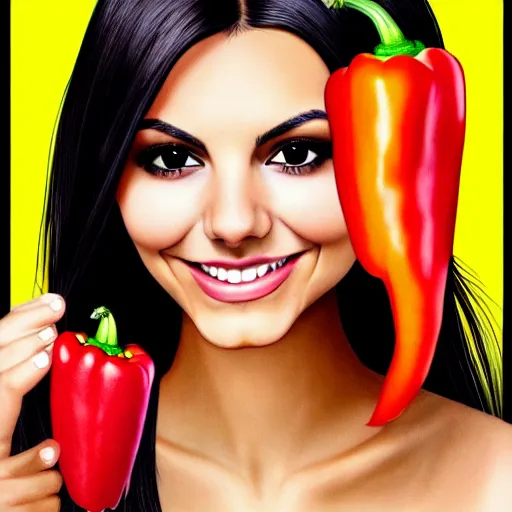 Image similar to victoria justice morphs into a bell pepper by 5 randomly selected famous illustrators. vastly enriched image quality. lucidly vivid. iridescentally detailed. extremely elegant and beautiful.