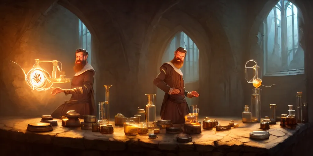 Image similar to a handsome bearded caucasian male sorcerer with brown hair, he is in a alchemist lab filled with beakers and equipment, he is casting a spell from a open book with magic filling the frame, neutral pose, epic composition, 4 k, light rays, super coherent, by dave melvin and greg rutkowski