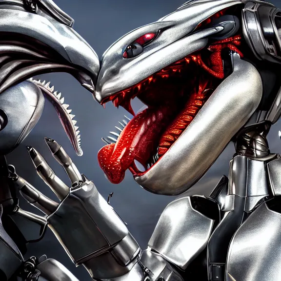 Prompt: detailed shot of a human pilot getting swallowed by a beautiful stunning hot anthropomorphic robot mecha female dragon, with sleek silver metal armor, camera inside the detailed high quality maw, food pov, prey pov, micro pov, vore, digital art, mawshot, dragon vore, furry art, high quality, 8k 3D realistic, macro art, micro art, Furaffinity, Deviantart, Eka's Portal, G6