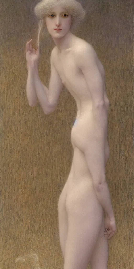 Prompt: Say who is this with silver hair so pale and Wan and thin? in the style of Jean Delville, Lucien Lévy-Dhurmer, Fernand Keller, Fernand Khnopff, oil on canvas, 1896, 4K resolution, aesthetic, mystery