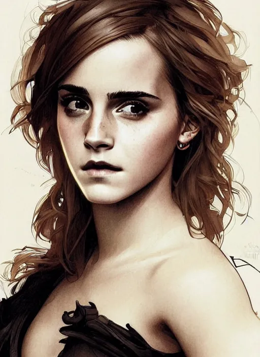 Image similar to emma watson giving seductive look. beautiful detailed face. by artgerm and greg rutkowski and alphonse mucha
