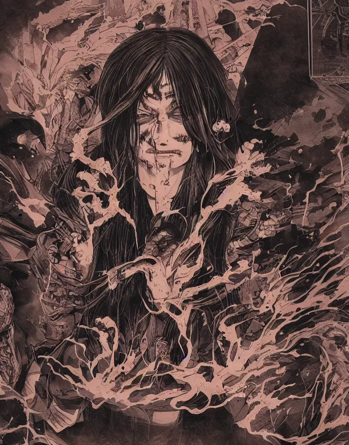 Prompt: an intricate comic book panel of a japanese horror poster, blood lines, yokai, smoke by yusuke murata and makoto shinkai, 8 k, unreal engine, volumentric lighting, grungy, ominous