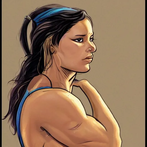 Prompt: out of shape tired Lara Croft in the style of Boris Vallejo, background in the style of Manjit Bawa