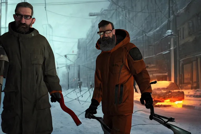 Prompt: Gordon Freeman from Half-Life 2 in real life walking through the dark Russian winter streets with a crowbar in his hands 8K realistic