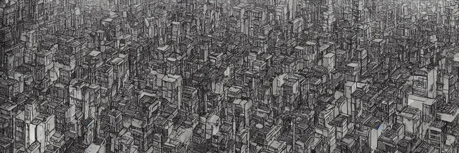 Image similar to dystopian city neighborhood slums by Katsuhiro Otomo