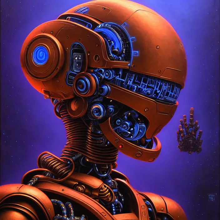 Prompt: cinematic bust portrait of psychedelic robot from left, head and chest only, exotic alien features, robotic enhancements, desaturated, Tim Hildebrandt, Wayne Barlowe, Bruce Pennington, donato giancola, larry elmore, oil on canvas, masterpiece, trending on artstation, featured on pixiv, cinematic composition, whole head visible, dramatic pose, beautiful lighting, sharp, details, hyper-detailed, HD, HDR, 4K, 8K