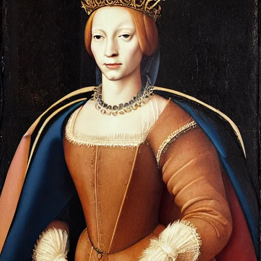 Prompt: a renaissance style portrait of fox wearing a crown and a cape, dark background