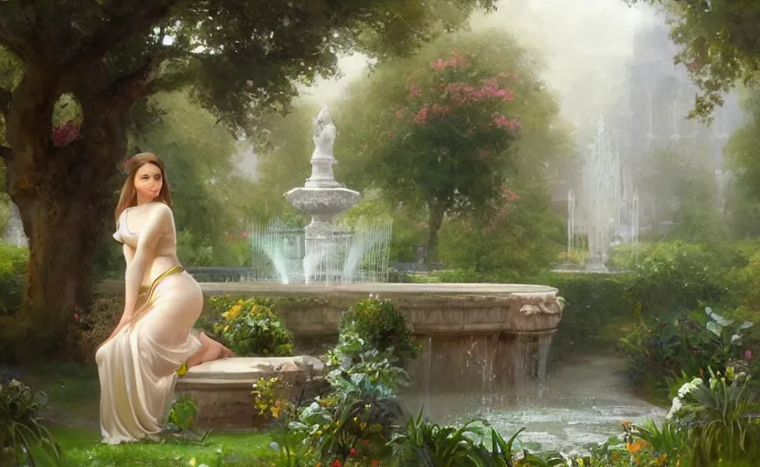 Image similar to The kneeling statue of a woman in a beautiful garden, next to a fountain and a mystical palace, and all this in a foggy and mysterious atmosphere. Fantasy and concept art by Konstantin Razumov.