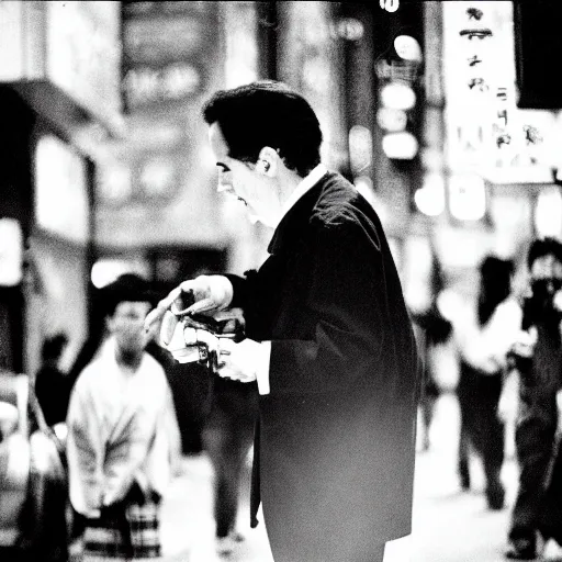 Prompt: Jerry Seinfeld vogues through the streets of Tokyo, are bure boke, 35mm film, b&w, grainy, by Daido Moriyama