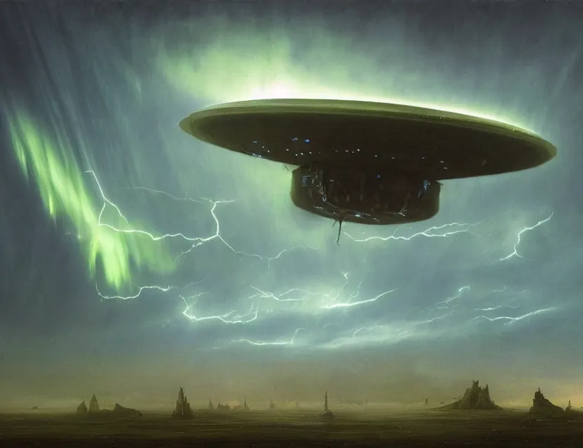 Prompt: a detailed painting of a a ufo mothership. cinematic sci - fi scene portrait and science fiction theme with lightning, aurora lighting. clouds and stars. smoke. futurism. fantasy. by beksinski carl spitzweg and tuomas korpi. baroque elements. baroque element. intricate artwork by caravaggio. oil painting. dramatic. artstation. 8 k