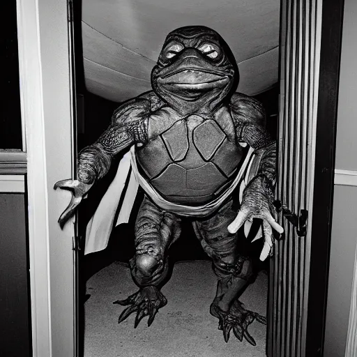 Prompt: grainy photo of a ninja turtle as a creepy monster in a closet, harsh flash