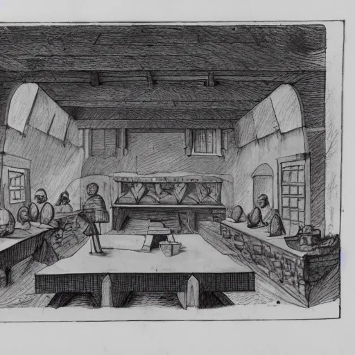 Image similar to Sketch of a medieval tavern with one floor, a counter, four round tables and a fireplace