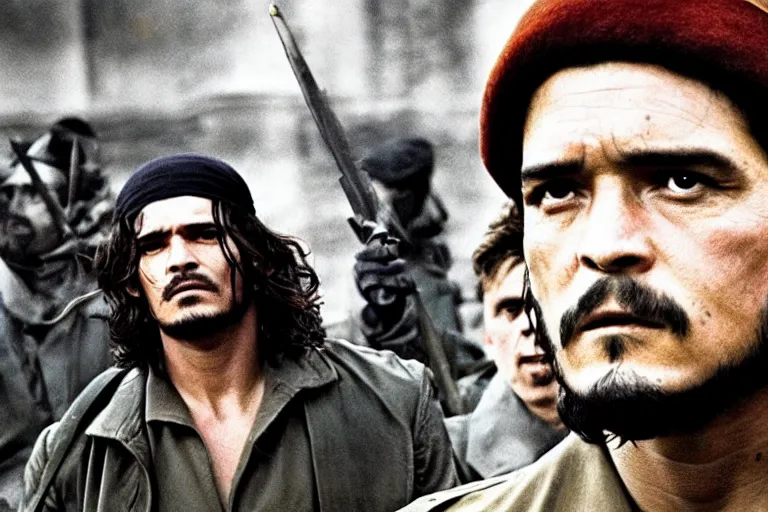 Image similar to Orlando Bloom as Che Guevara in 'Guevara' (2008), movie still frame, promotional image, imax 70 mm footage, oscar nominated cinematography, volumetric lighting, 8k resolution