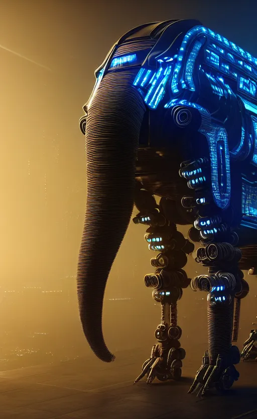 Image similar to hyper realistic and higly detailed photo of a cyberpunk mech elephant. intricate, wiring, electronic components, color diodes. volumetric light. professional digital art, lotr style, extremly detailed, trending on artstation, stuning, octane render, unreal engine 5, 8 k rendering.