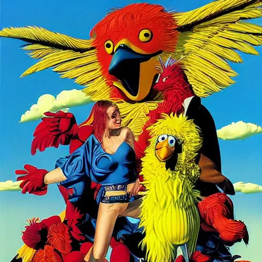 Prompt: big bird by artgem by brian bolland by alex ross by artgem by brian bolland by alex rossby artgem by brian bolland by alex ross by artgem by brian bolland by alex ross