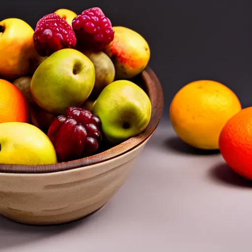 Image similar to bowl of fruit, black background, depth of field