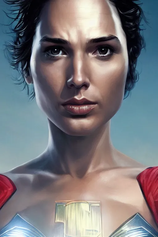 Image similar to a fancy portrait close up of Man of Steel cast as gal gadot by Greg Rutkowski, Sung Choi, Mitchell Mohrhauser, Maciej Kuciara, Johnson Ting, Maxim Verehin, Peter Konig, 8k photorealistic, cinematic lighting, HD, high details, dramatic, trending on artstation, full body shot