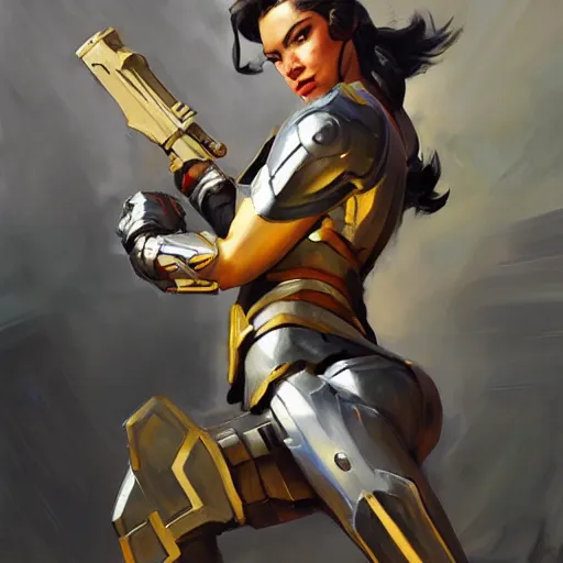 Image similar to greg manchess portrait painting of armored light wonderwoman as overwatch character, medium shot, asymmetrical, profile picture, organic painting, sunny day, matte painting, bold shapes, hard edges, street art, trending on artstation, by huang guangjian and gil elvgren and sachin teng