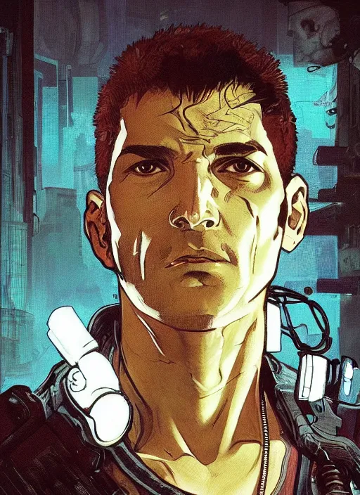 Image similar to cyberpunk mob enforcer. portrait by ashley wood and alphonse mucha and laurie greasley and josan gonzalez and james gurney. splinter cell, apex legends, rb 6 s, hl 2, d & d, cyberpunk 2 0 7 7. realistic face. character clothing. vivid color. dystopian setting.