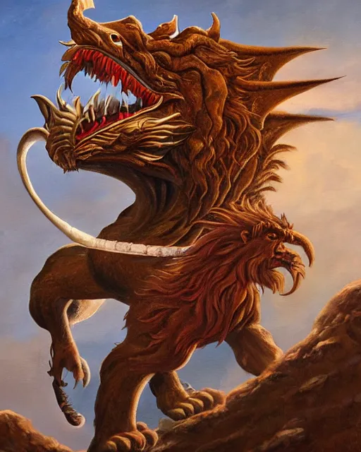 Image similar to oil painting of a mythical manticore, a legendary animal with the head of a man, the body of a lion, and the tail of a dragon or scorpion. in the style of michael whelan, darryl k. sweet, trending on artstation