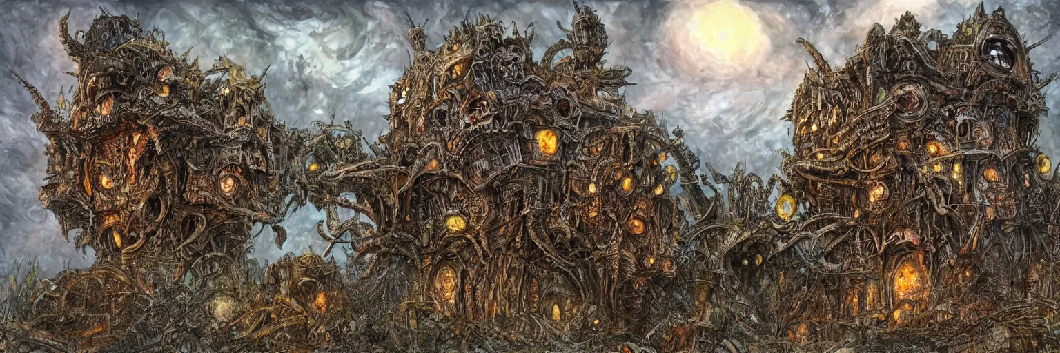 Prompt: extremely hyperdetailed insectile alien eyeball skull castle in the chaos realm, by ian miller, rodney matthews and artstation, epic atmosphere, clouds, photorealism, complex color scheme, uhd
