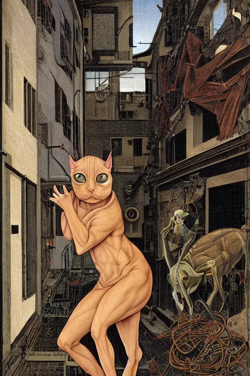 Image similar to a cyborg! sphynx cat!!, in a cyberpunk alleyway by sandro botticelli