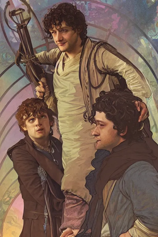 Image similar to a detailed matte portrait of jensen ackles dressed as frodo baggins and misha collins as samwise gamgee, masterpiece, 8 k, art by alphonse mucha and greg rutkowski