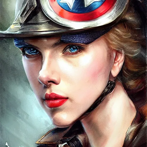 Image similar to captain america played by by scarlett johansson wearing steampunk outfit, face portrait, hd shot, digital portrait, elegant, beautiful, fantasy art, artstation, comic style, by artgerm, guy denning, jakub rozalski, magali villeneuve and charlie bowater