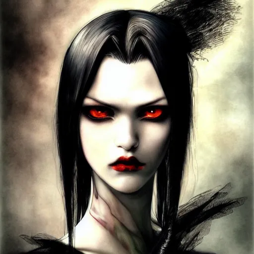 Prompt: a portrait of a character, black hair, dark eyes, dark, gothic, by Ayami Kojima, trending on pixv