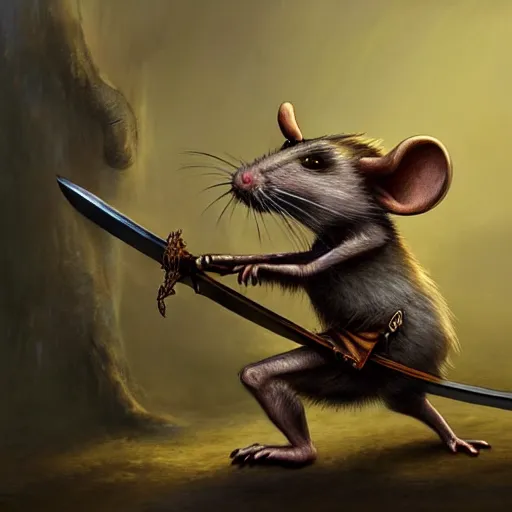 Image similar to antropomorphic rat character buying a sword made out of bone from a trader rat, fantasy art, digital art, fantasy art, matte painting