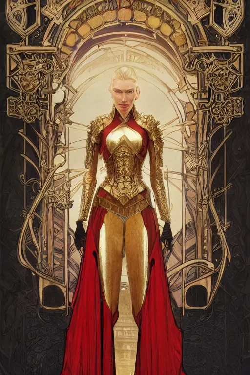 Prompt: tarot card, the emperor, armored woman, looks like cate blanchett, beautiful, medieval, super detailed, ornate, by alphonse mucha, artstation, greg rutkowski, symmetry, red, gold, white, black, 8 k