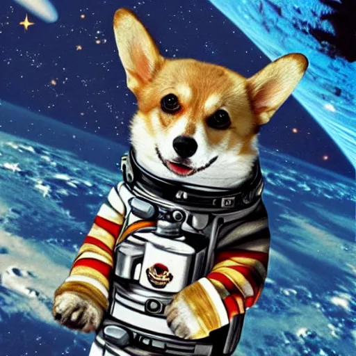 Prompt: a heroic corgi cosmonaut in space, retro, vintage, sci - fi