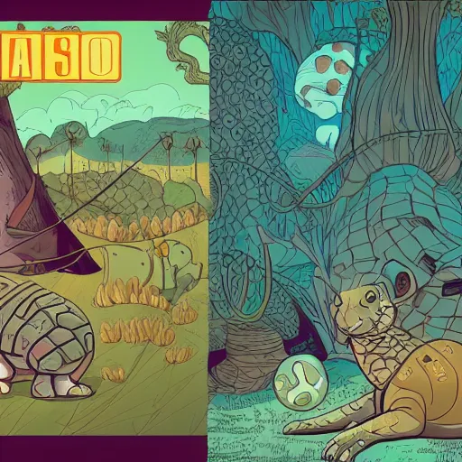 Prompt: the story of the leopard and the tortoise in the style of josan gonzalez