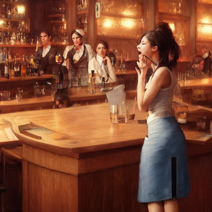 Image similar to a waitress singing on a table in a bar, elegant, real life skin, intricate artwork, high detailed, artstation, concept art, smooth, sharp focus, art by artgerm and greg rutkowski