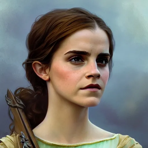 Image similar to Emma Watson as Fiona in Shrek, intricate, highly detailed, digital painting, artstation, concept art, sharp focus, illustration, art by greg rutkowski and alphonse mucha