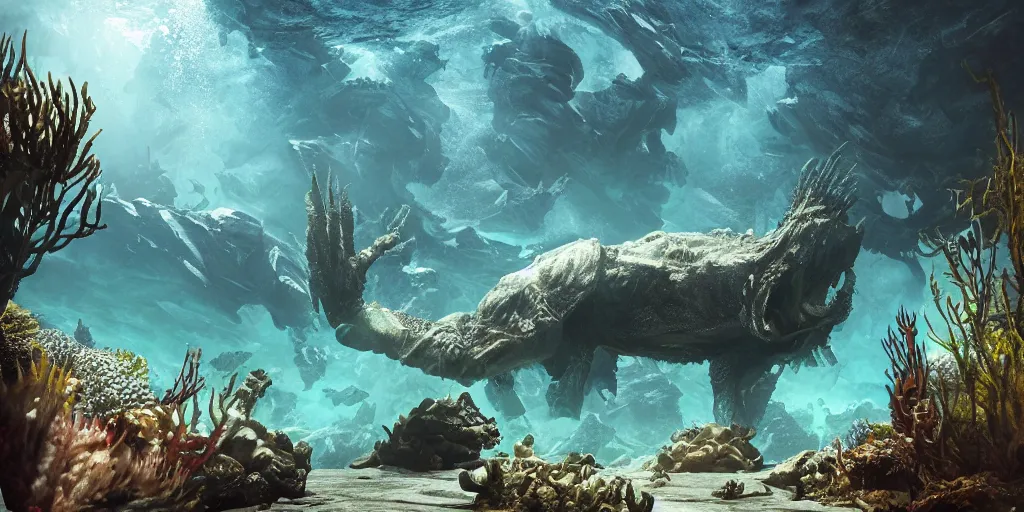 Image similar to underwater enviroment with a Melanocetus johnsonii boss creature , unreal 5, hyperrealistic, realistic, photorealistic, dynamic lighting, highly detailed, cinematic landscape, studio landscape, studio lighting