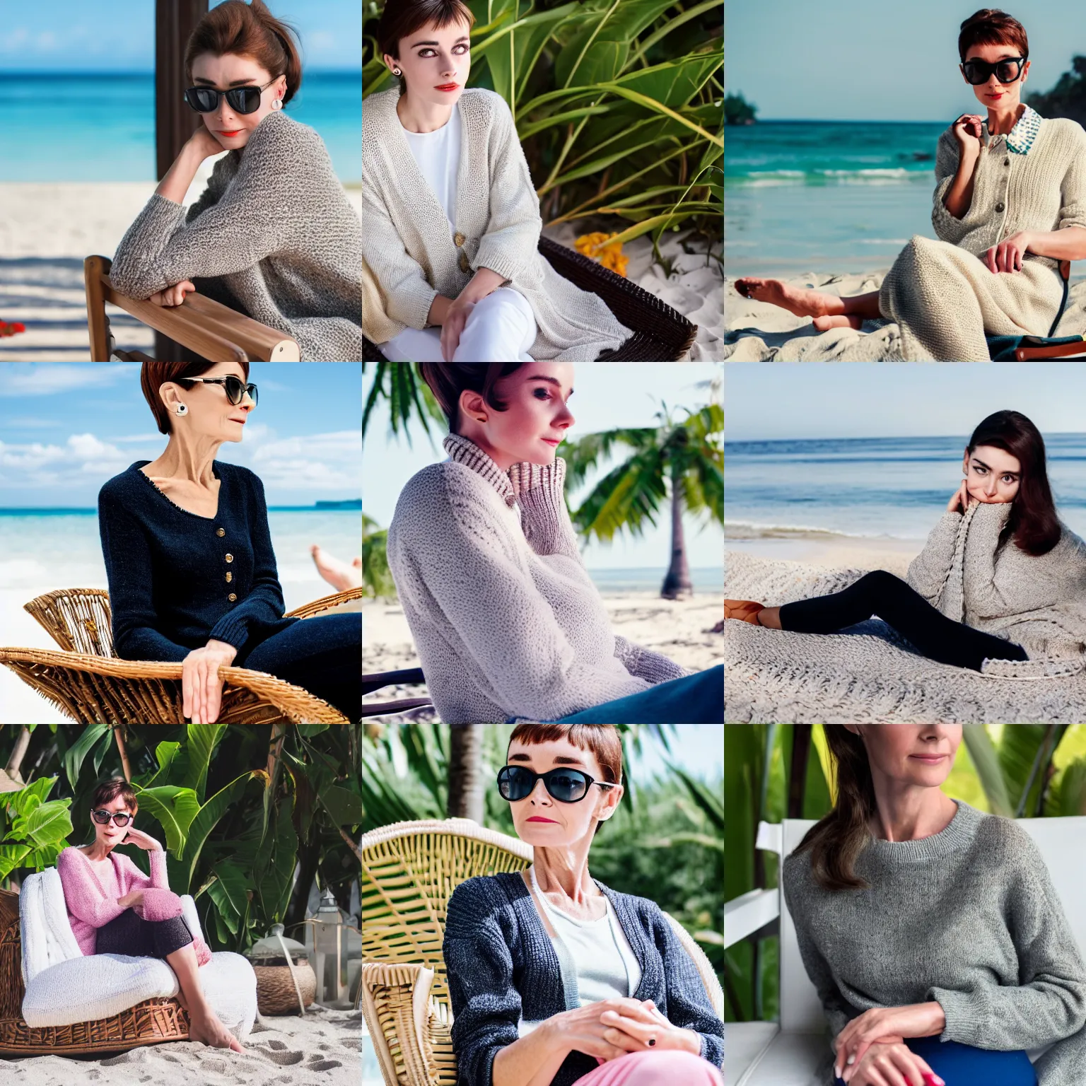 Prompt: a young woman who looks like audrey hepburn, wearing a thick knit sweater and cardigan, she is shivering cold with her arms crossed across her chest, in a lounge chair on a tropical beach in summer, midday, sunny, natural lighting, 2019 trending photo, 4k, 8k, 85mm lens