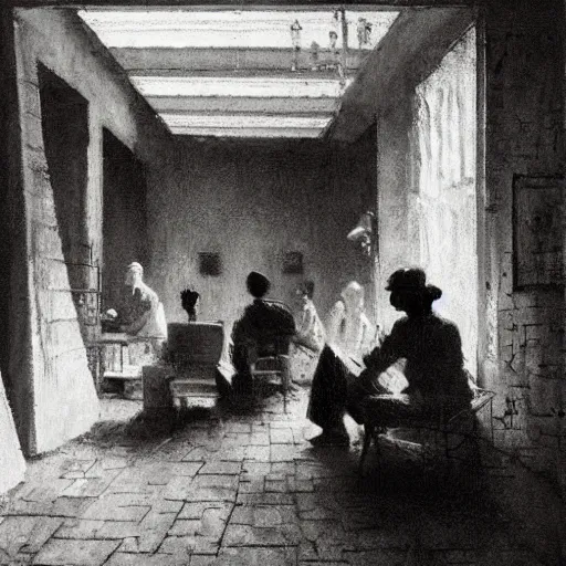 Prompt: by gerald harvey jones daring. a group of people in a dark room. the only source of light is a small window in the corner. the people are all looking at something outside of the mixed mediart.