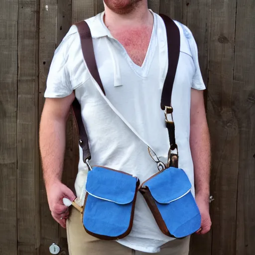 Prompt: white crossbody sling chest bag, (pudgy) british lad with short curly dark brown hair as a hobbit wearing a white men's crossbody sling chest bag and blue vest