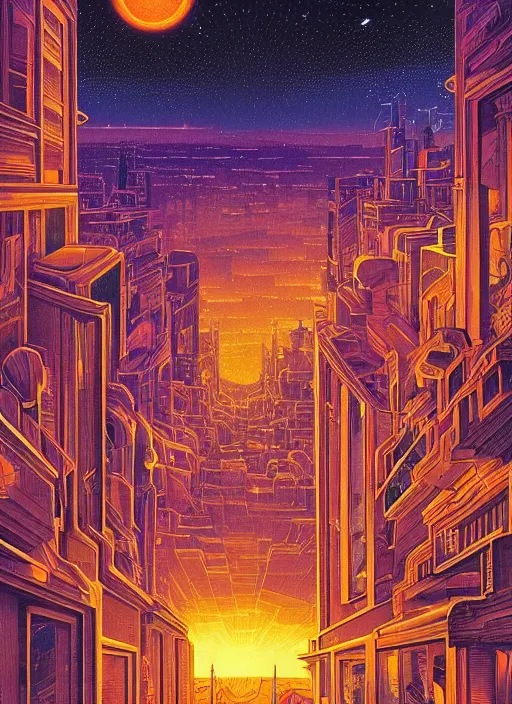 Image similar to ethereal starlit city at sunset, italian futurism, da vinci, Dan Mumford
