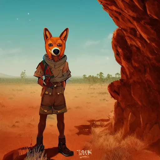 Image similar to stylized three quarters portrait concept art of the anthro anthropomorphic dingo dog head animal person fursona wearing clothes adventurer standing in australia outback, hidari, color page, tankoban, 4 k, tone mapping, akihiko yoshida, clean bright happy