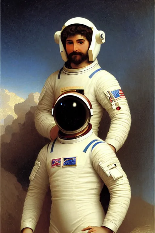Image similar to a portrait of a male astronaut, wearing a spacesuit and helmet, by bouguereau