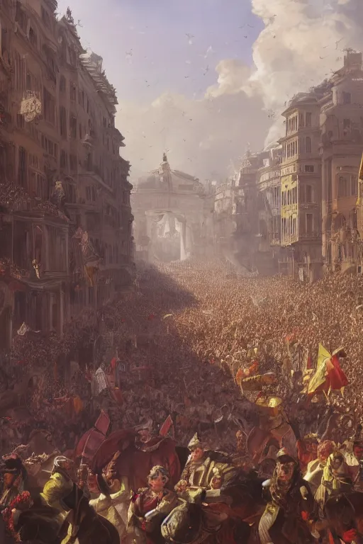 Image similar to Goethe in crowded streets, carnival Rome in 1789, matte painting, concept art, , octane render, trending on artstation, artstationHD, artstationHQ, unreal engine, 4k, 8k