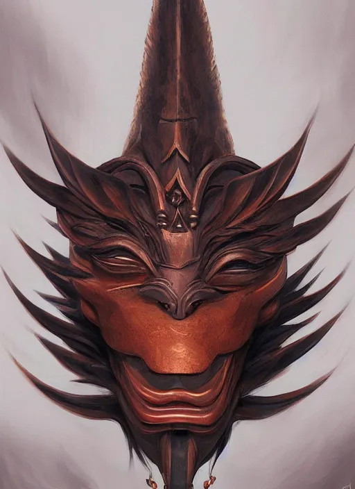 Prompt: a beautiful detailed oil on copper art illustration of a japanese tengu mask with big nose woman, elongated nose, centered, by charlie bowater, zeng fanzh, trending on artstation, dim dusk lighting, cinematic lighting, detailed lighting, volumetric lighting, realistic, f 8, 4 k hd wallpaper