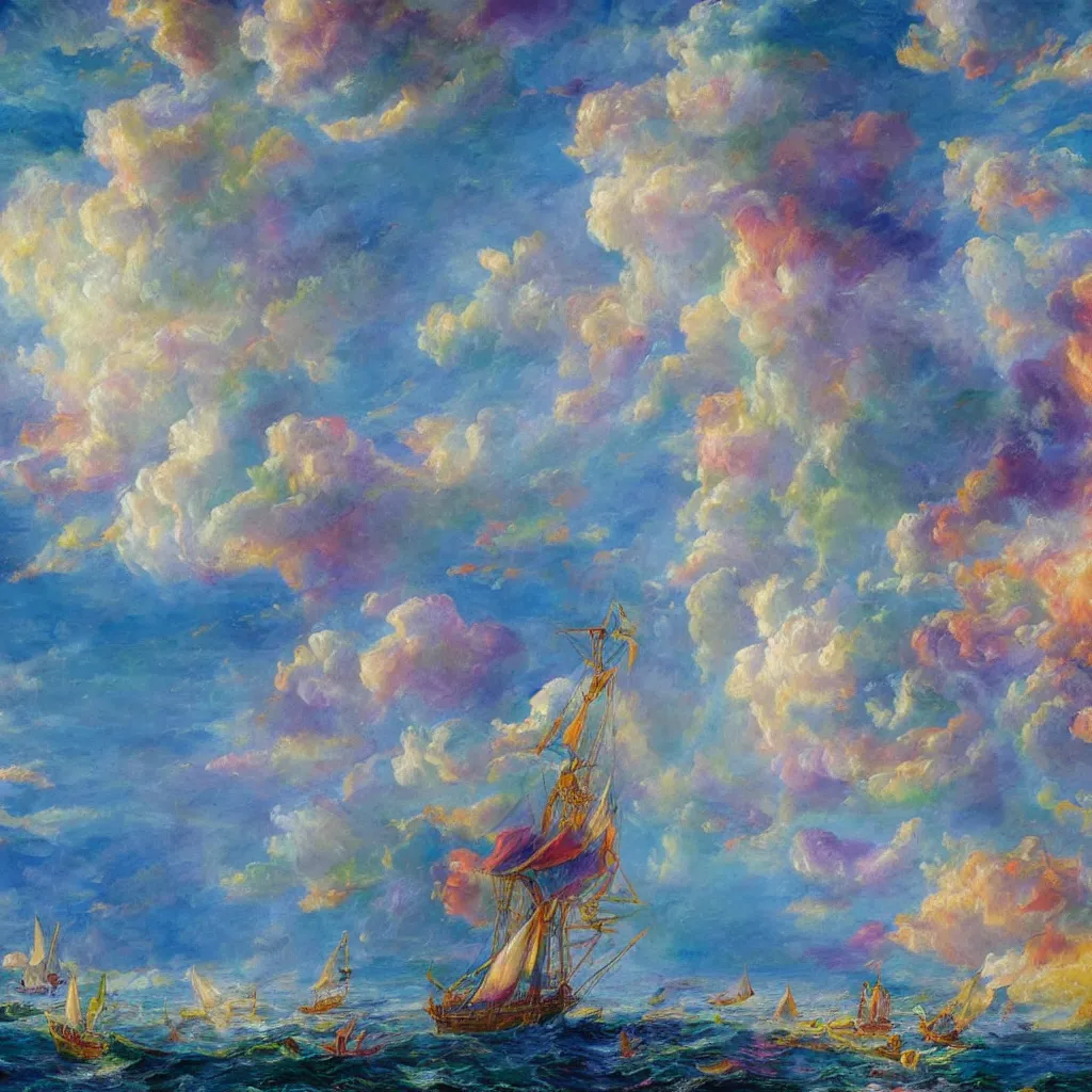 Prompt: 3d high relief painting of sea like jelly,Rainbow clouds like sheeps floating lightly in the air, Sailing ship,dreamy, soft , highly detailed, expressive impressionist style,in the style of William Schneider